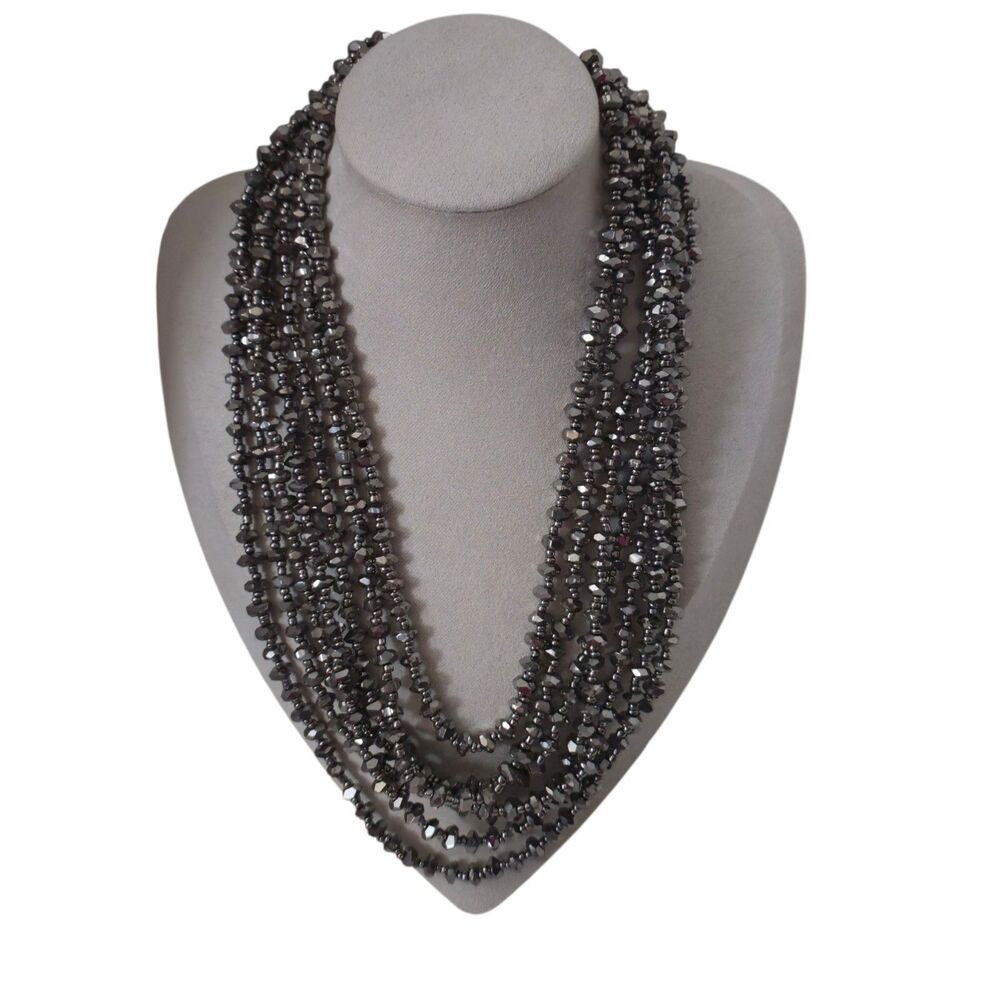 Lia Sophia Kiam Collection Necklace Multi-Strand Hematite Glass Beads 20” in Box